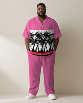 Big & Tall Men's Hawaiian Pink Stripe Colorblock Coconut Print Short Sleeve Shirt Pants Suit