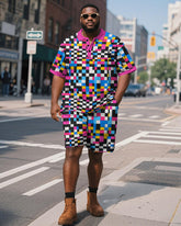 Big & Tall Men's Colorful Pixel Colorblock Printed Short Sleeve Polo Shirt Shorts Suit