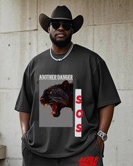 Plus Size Men's Leopard Print Casual Short Sleeve T-Shirt Pants Suit