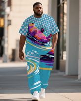 Big Men's Animal World Bubbles Seal Printed Summer Short Sleeve T-shirt Pants Set