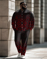 Vintage Gradient Jacquard Pattern Long Sleeve Lapel Shirt 2 Piece Set Men's Plus Size