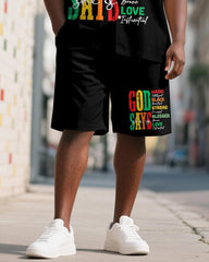 Men's Plus Size Juneteenth Blessing Letter Print Shirt Shorts Suit