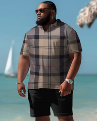 Men's Plus Size Casual Plaid Polo Shorts Set