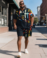 Big & Tall Men's Business Black Geometric Color Print Short Sleeve Polo Shirt Shorts Suit