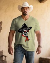 Men's Plus Size Blue Khaki Western Denim Skull Print V-Neck Short Sleeve Tee