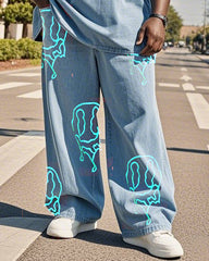 Plus Size Men Street Fashion Graffiti Denim T-Shirt Pants Suit