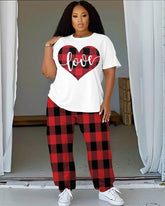 Women's Plus Size Love Check Pattern T-Shirt and Trousers Suit