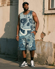 Big & Tall Men's Blue Denim Skull Print Vest Shorts Suit