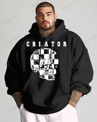 Cotton-checkerboard Design Skull Print Big Men's Loose Sweater