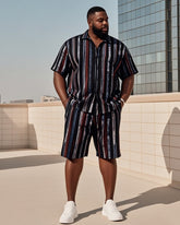 Big Men's-Retro Daily Casual Striped Color Block Printed Short Sleeve Shirt Shorts Suit