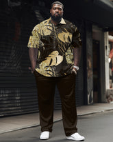 Shiny Leaf Pattern Printed Large Men's Short Sleeved Shirt Set