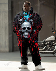 Men's Street Fashion Wings Skull Flowing Print Plus Size Hoodie Suit