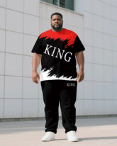 Men's Plus Size Red & Black & White Ink Contrast King Simple Color Matching Short Sleeve T-shirt Trousers Suit