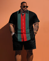 Men's Plus Size Simple Contrast Color Strip Pattern Short Sleeve Shirt Shorts Set