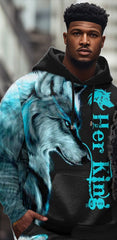 Couple Plus Size Wolf Hoodie & Sweatpants Set "She Keeps Me Wild-He Keeps Me Safe"