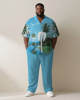 Big & Tall Men's Hawaiian Blue Sky Vintage Hand-painted Coconut Print Short-sleeved Shirt Pants Suit