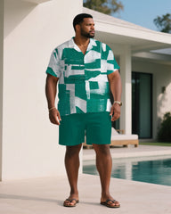 Men's Plus Size Green Brush Graffiti Art Short Sleeve Shirt Shorts Suit