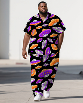Men's Cartoon World Funny Spaceship Printed Big & Tall Short-Sleeve Shirt Pants 2-Piece Sets