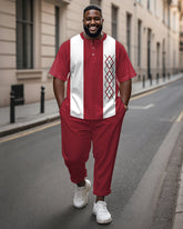 Men's Plus Size Red And White Color Block Geometric Print Henry Collar T-shirt Trousers Suit