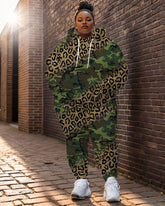 Women's Street Fashion Shiny Leopard Camouflage Print Big & Tall Hoodie Set