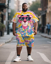 Men's Plus Size Pink Tie Dye Graffiti Cartoon Print Short Sleeve T-Shirt Shorts Suit