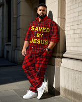 Big Guy's Daily Casual SAVED BY JESUS Red Plaid Printed Long Sleeve Shirt Pants Set
