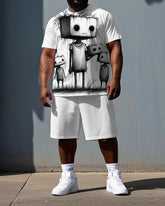Men's Casual Fashion Robot Illustration Print Big & Tall Summer Short-Sleeve T-shirt Shorts Set