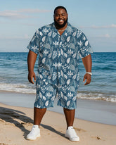 Men's Plus Size Hawaiian Hand Painted Blue Gesang Flower Leaf Print Shirt Shorts Suit