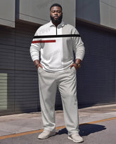 Men's Simple Light Gray Contrast Stripe Print Polo Shirt Zipper Pants Suit