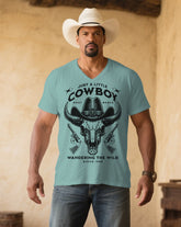 Men's Plus Size Lake Green Western Denim Pattern Corsage V-Neck Short Sleeve Tee