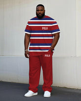Men's Plus Size Summer Breathable Fabric Red Stripe Short Sleeve T-shirt Trousers Suit