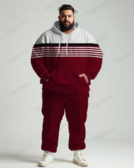 Men's Daily Casual Red Stripe Patchwork Print Big & Tall Hoodie Set
