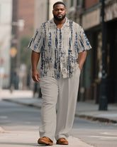 Men's Plus Size Simple Grey Abstract Stroke Print Short-sleeved Shirt Trousers Suit