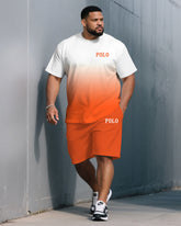 Men's Plus Size Street Fashion Orange Gradient Small Label Printed Round Neck Short Sleeve T-Shirt Shorts Suit