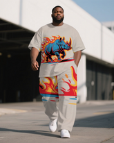 Big Men's Animal World Fire Rhino Printed Outdoor Short Sleeve T-shirt Pants Set