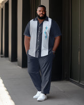 Men's Plus Size Color Block Business Casual Four-Sport Bowling Short Sleeve Shirt and Pants Suit