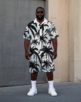Men's Big Size Hawaiian Fashion Palm Trees Printed Cuban Collar Short Sleeve Shirt Shorts Set