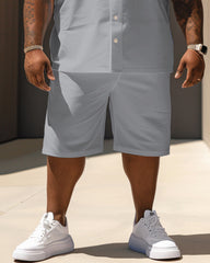 Big Men's Versatile Grey Solid Color Short Sleeve Shirt Shorts Set