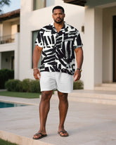 Men's Plus Size White Brush Graffiti Art Short Sleeve Shirt Shorts Suit