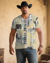 Men's Plus Size Khaki Western Denim Color Printed V-Neck Short Sleeve T-Shirt