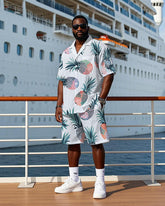 Big Men's Hawaiian Abstract Cartoon Pineapple Printed Cuban Collar Short Sleeve Shirt Shorts Set