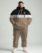 Men's Daily Casual Khaki Colorblock Striped Letter Print Plus Size Hoodie Suit