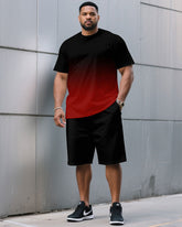 Men's Plus Size Casual Black & Red Chest Gradient Fashion Round Neck Short Sleeve T-Shirt Shorts Suit
