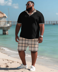 Big Men's Casual Simple Plaid Polo Shorts Set