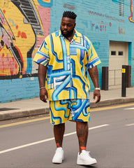 Men's Plus Size High Tone Tube Print Short Sleeve Shirt Shorts Suit