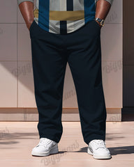 Men's Simple Blue Geometric Stripe Print Polo Shirt Zipper Pants Suit