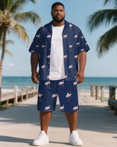 Men's Big and Tall Outdoor Hawaiian Style Crane Printed Short Sleeve Shirt Shorts 2-Piece Set