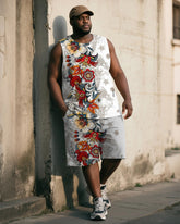 Big & Tall Men's White Vintage Floral Print Tank Shorts Suit