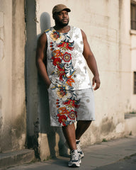 Big & Tall Men's White Vintage Floral Print Tank Shorts Suit
