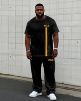 Men's Plus Size Black Slim-fit Chest Small Label Printed Short-sleeved T-shirt Trousers Suit